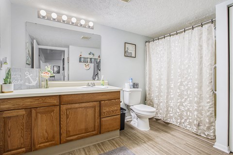 A bathroom with a wooden vanity and a white toilet.