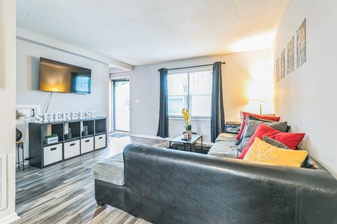 A living room with a black couch and a television.