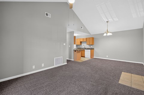 A room with a kitchenette and a carpeted floor.
