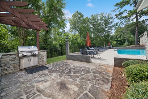 A backyard with a grill, patio furniture, and a pool.
