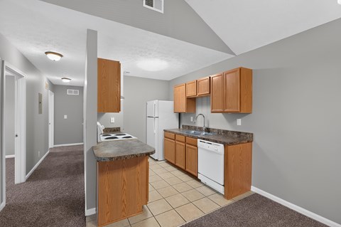 A kitchen with a white dishwasher and wooden cabinets.