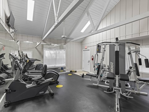 A gym with treadmills, elliptical machines, and weight machines.