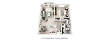 A 3D floor plan of a small apartment with a kitchen, living room, and bathroom.