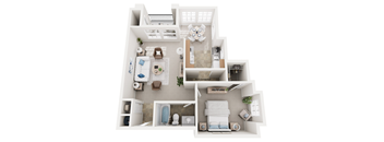 A 3D floor plan of a house with a living room, kitchen, and bathroom.