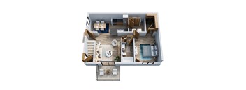 A top-down view of a modern apartment layout with a kitchen, living room, and bedrooms.