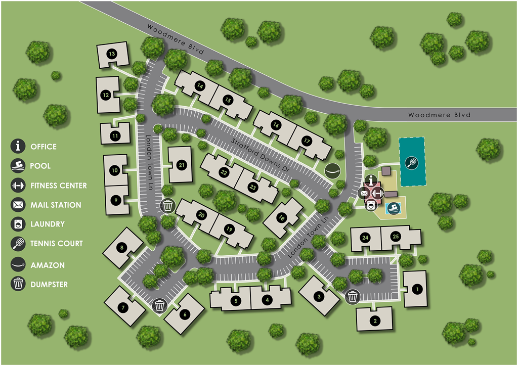 A map of a community with a pool, fitness center, laundry, and tennis court.