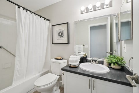 A bathroom with a white toilet, sink, and shower curtain.