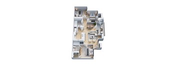 A 3D floor plan of a house with a living room, dining room, kitchen, and bedrooms.