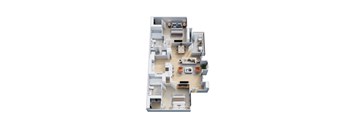 A 3D floor plan of a house with a kitchen, living room, and bedrooms.