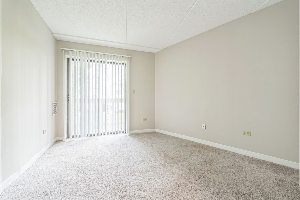 A room with a carpeted floor and a sliding door.