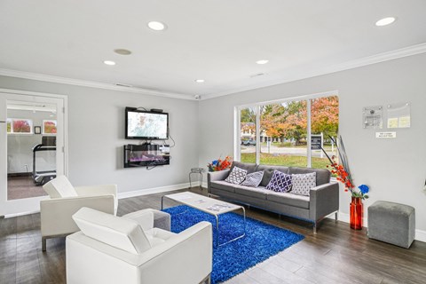 A living room with a grey couch and a white chair.