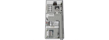 A small, white, two-level kitchen with a refrigerator, sink, and microwave.