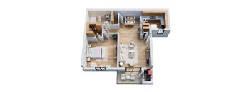 A top-down view of a small apartment with a kitchen, living room, and bedroom.