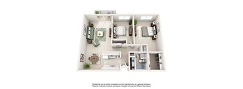 A drawing of a house with a kitchen, living room, and two bedrooms.