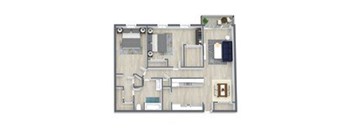 A floor plan of a house with a kitchen, living room, and two bedrooms.
