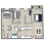 A floor plan of a house with a kitchen, living room, and two bedrooms.