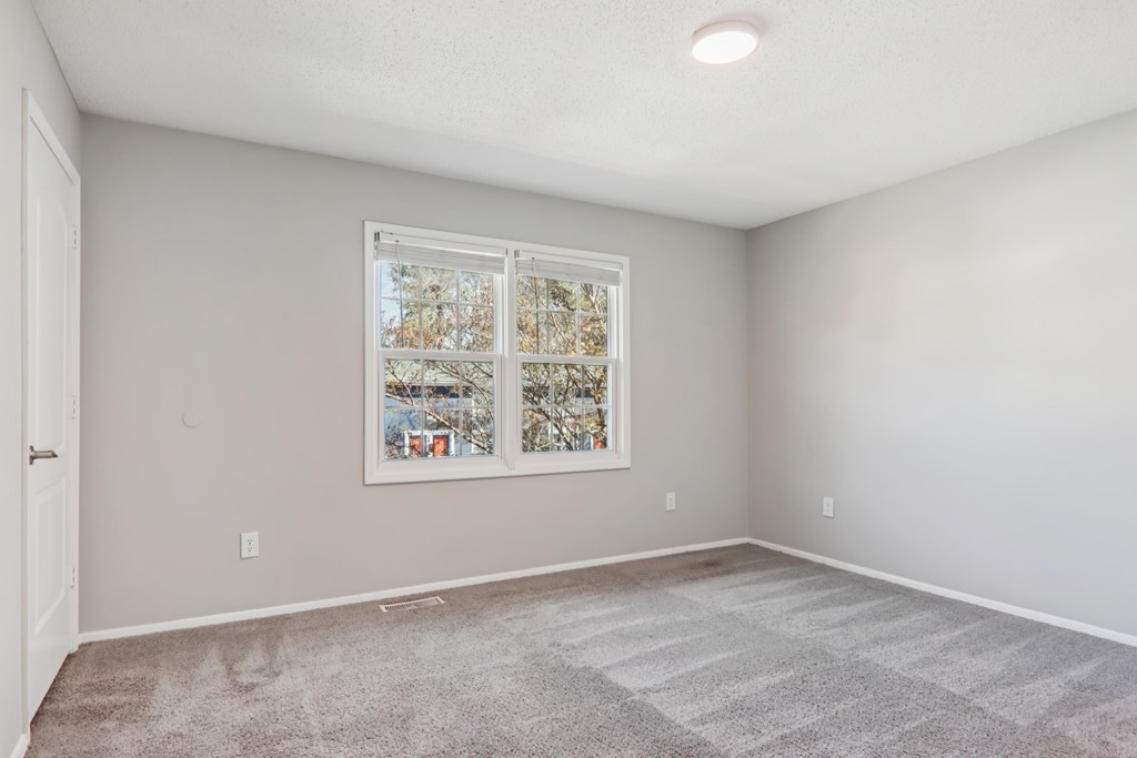A room with a carpeted floor and a window with a view of trees.
