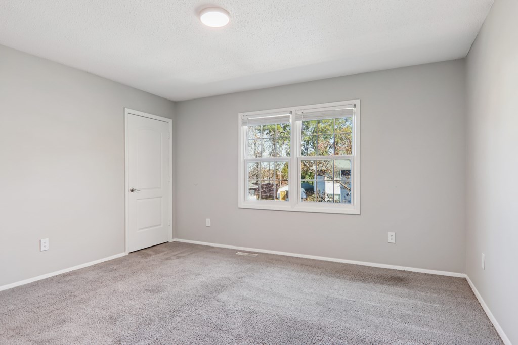 A room with a carpeted floor and a window showing trees outside.