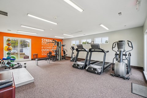 A gym with a variety of equipment including treadmills, stationary bikes, and weight machines.