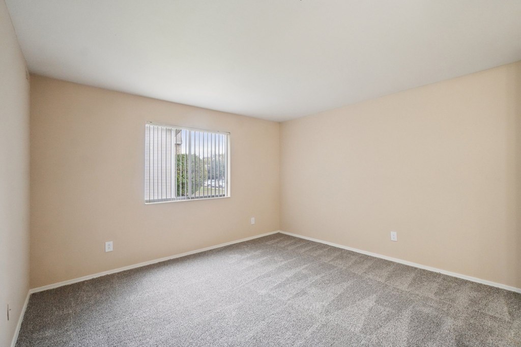 A room with a carpeted floor and a window with blinds.