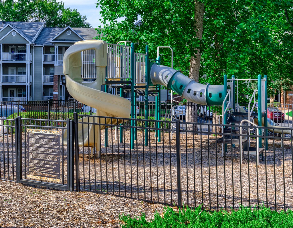 a playground at a park with a slide