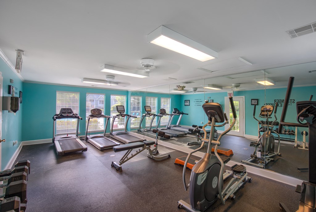a gym with various cardio equipment and weights