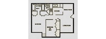 a floor plan of a house with a kitchen and a living room