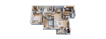 A top-down view of a well-furnished apartment.