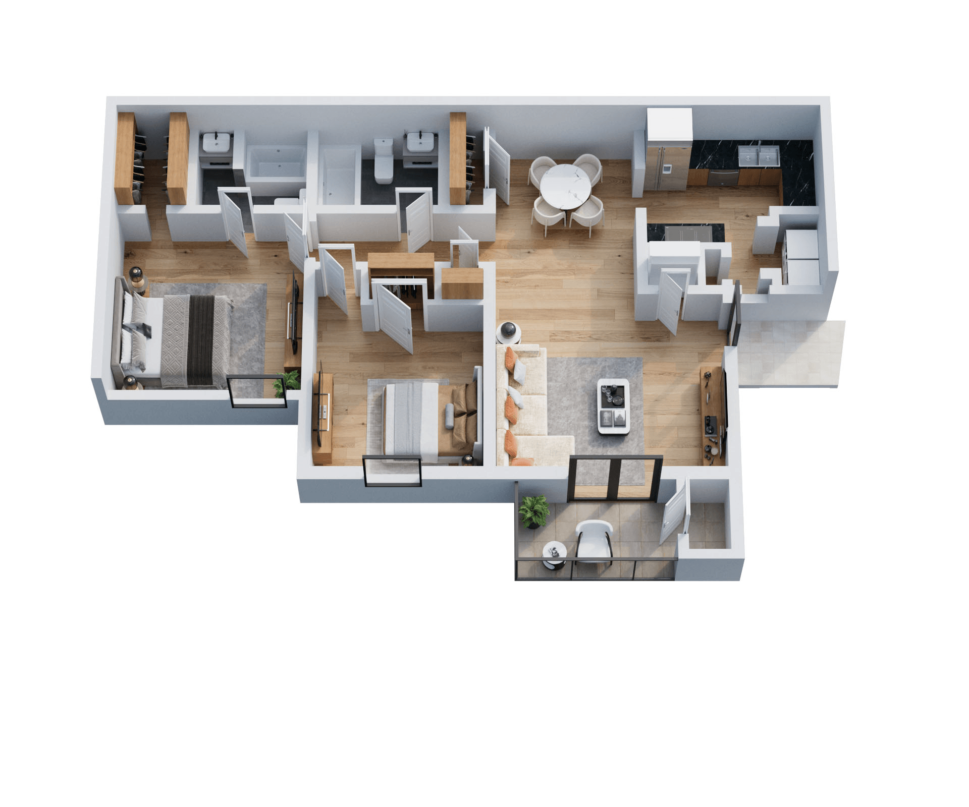 A top down view of a house interior with a kitchen, living room, dining room, and bedrooms.