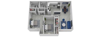 A top down view of a small apartment with a kitchen, living room, and two bedrooms.