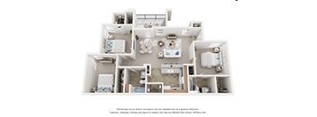 A 3D floor plan of a house with multiple rooms and furniture.