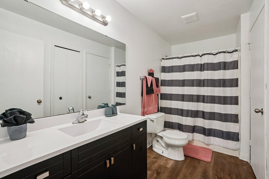 A bathroom with a striped shower curtain and a white sink.