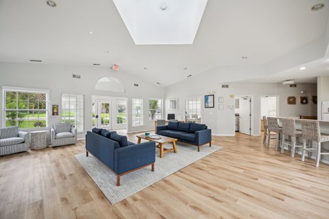 A spacious living room with a blue sofa and wooden flooring.