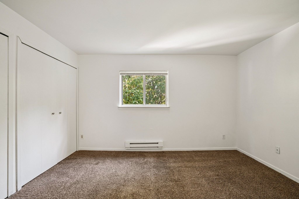 A room with a window and a carpeted floor.