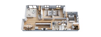 A top-down view of a modern, open-plan apartment with a kitchen, living room, dining area, and bedrooms.