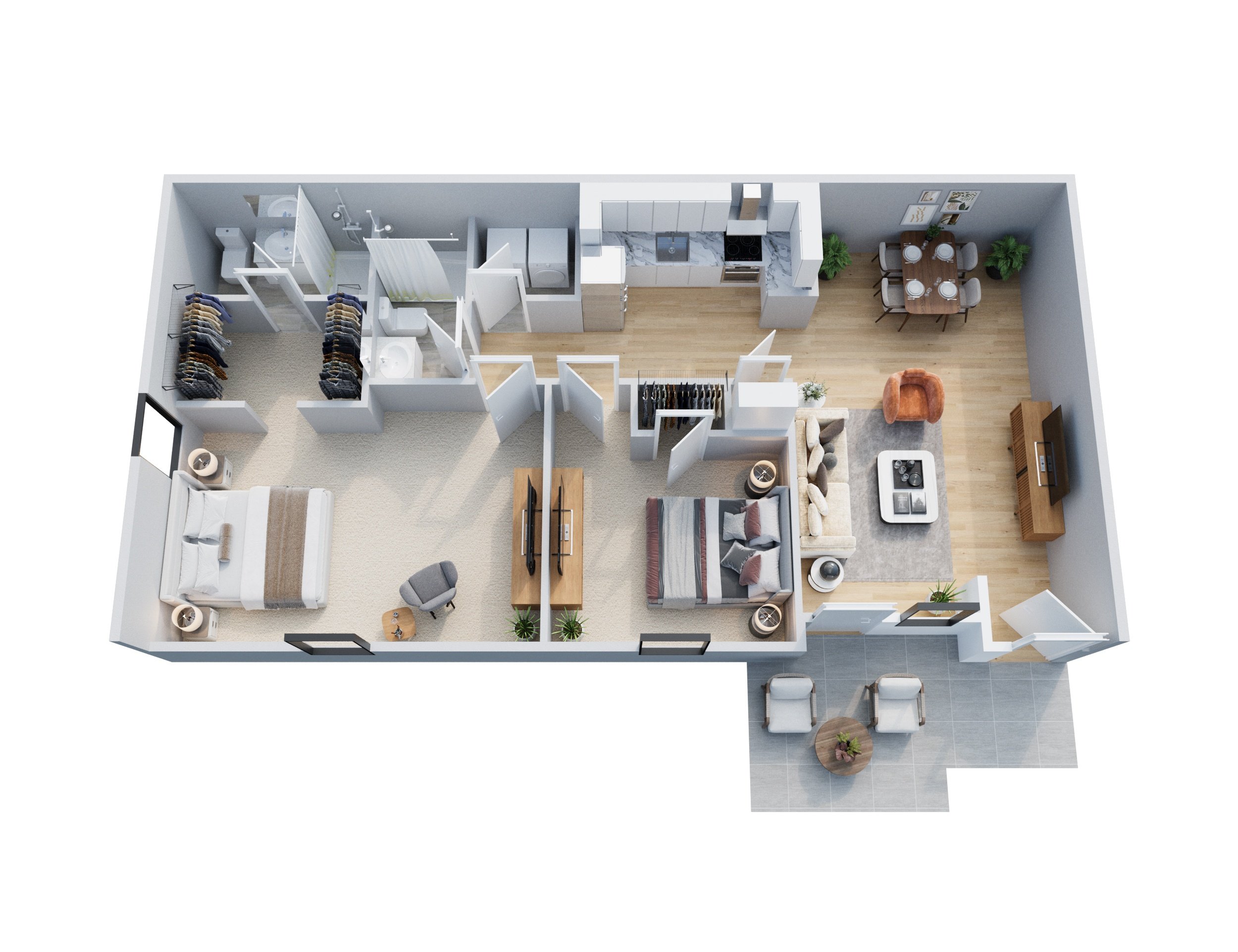 A top-down view of a house interior with a kitchen, living room, and bedrooms.