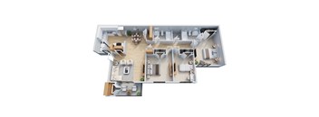 A 3D floor plan of a house with a kitchen, living room, dining room, and bathroom.