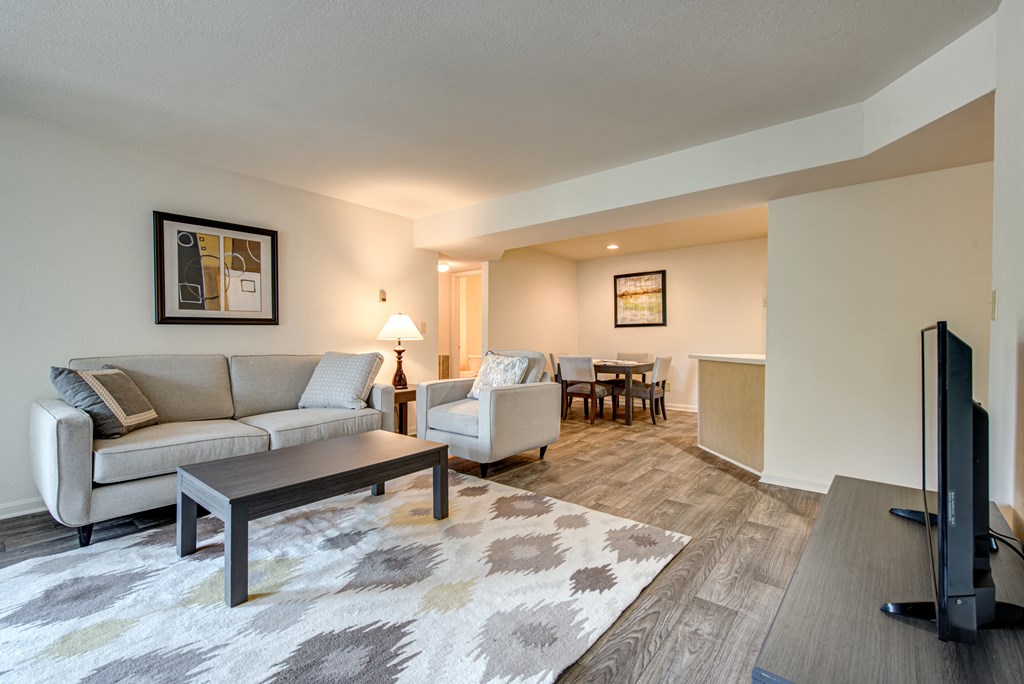 a living room with a couch and a chair and a tv