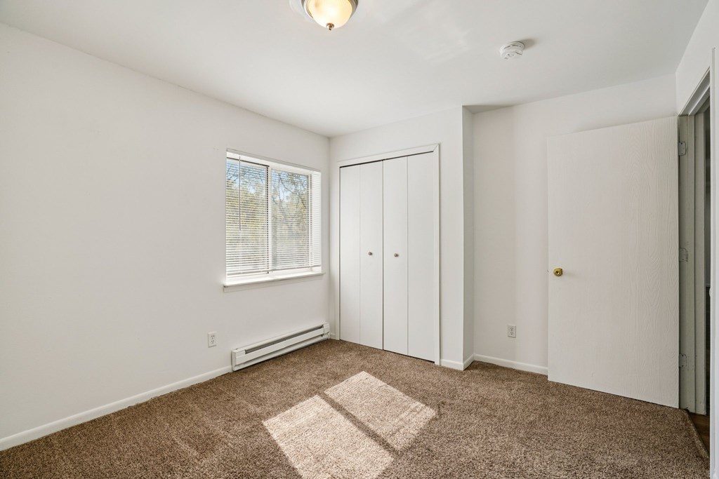 A room with a brown carpet and a window with blinds.