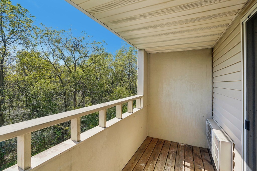A balcony with a view of trees and sky.