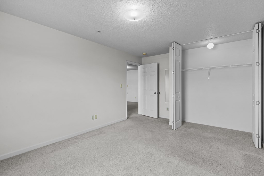 the living room is empty and has a door to the closet