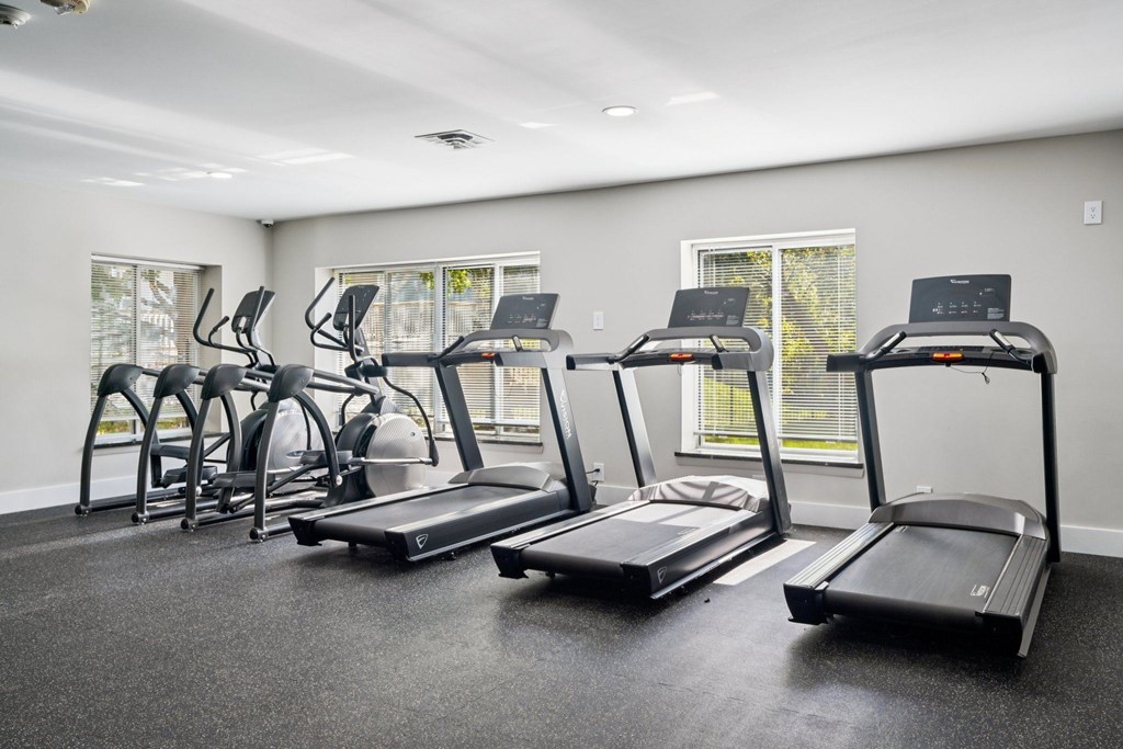A gym with treadmills, elliptical machines, and stationary bikes.