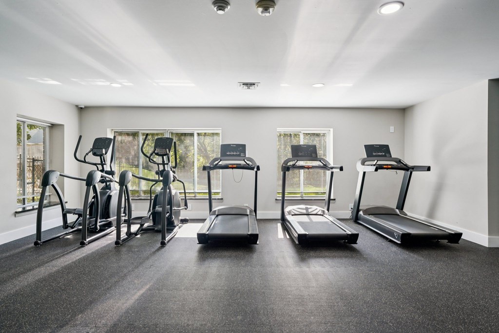 A gym with treadmills and exercise bikes.