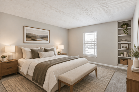 A bedroom with a large bed and a window.