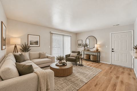 A living room with a couch, a chair, a coffee table, and a mirror.