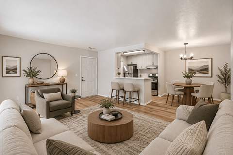 A living room with a grey couch and a coffee table in the middle.