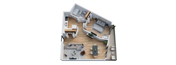 A top down view of a modern apartment with a kitchen, living room, and bedroom.