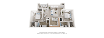 A 3D floor plan of a house with a kitchen, living room, and two bedrooms.