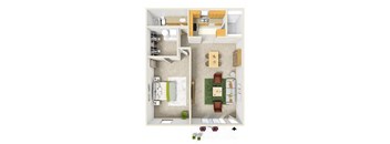 a furnished apartment with a bedroom and living room