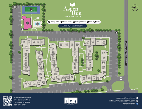 A map of the Aspen Run Apartments showing the layout of the buildings and surrounding areas.